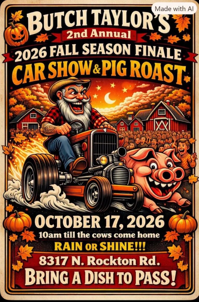 Flyer for Butch Taylor’s Annual Fall Season Finale Car Show & Pig Roast