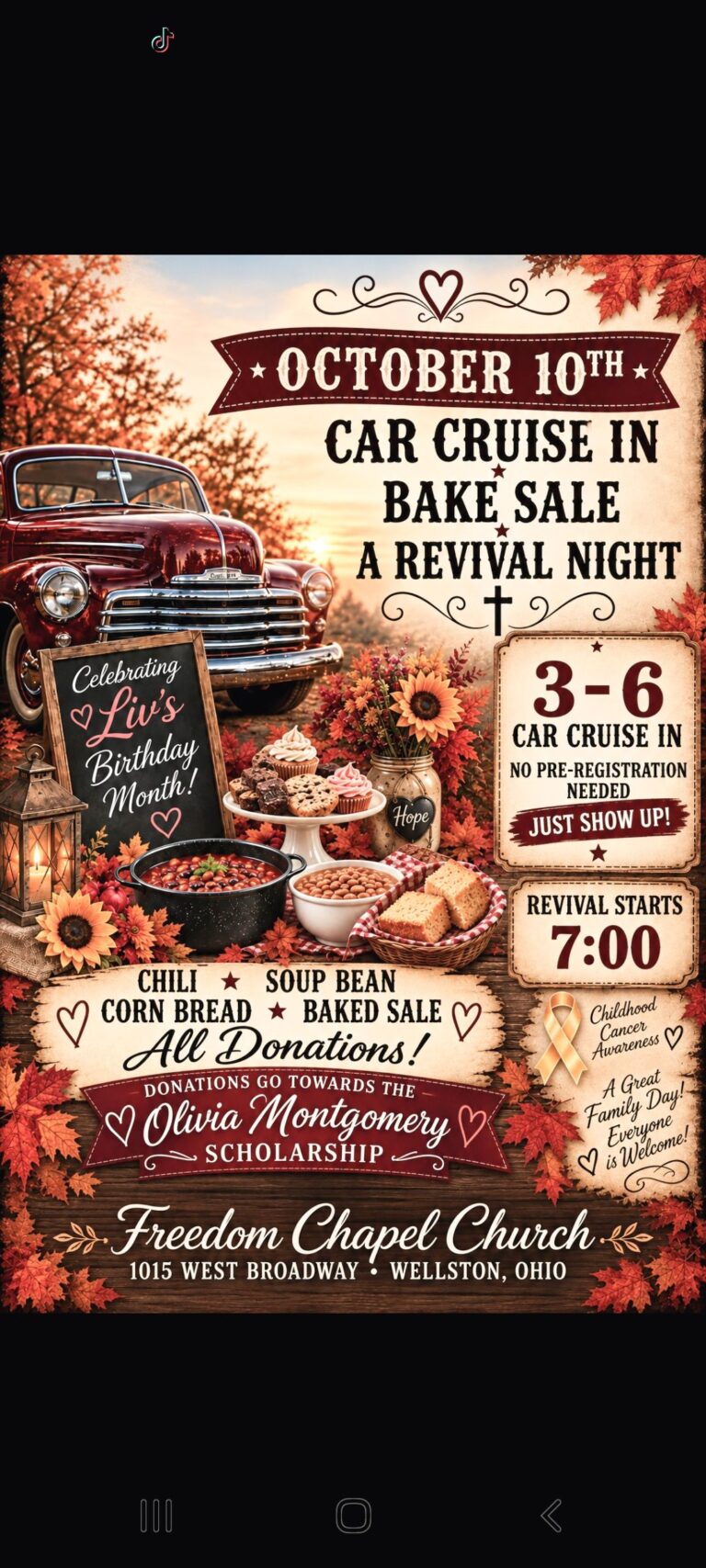 Flyer for Car Cruise-In, Bake Sale & Revival Night