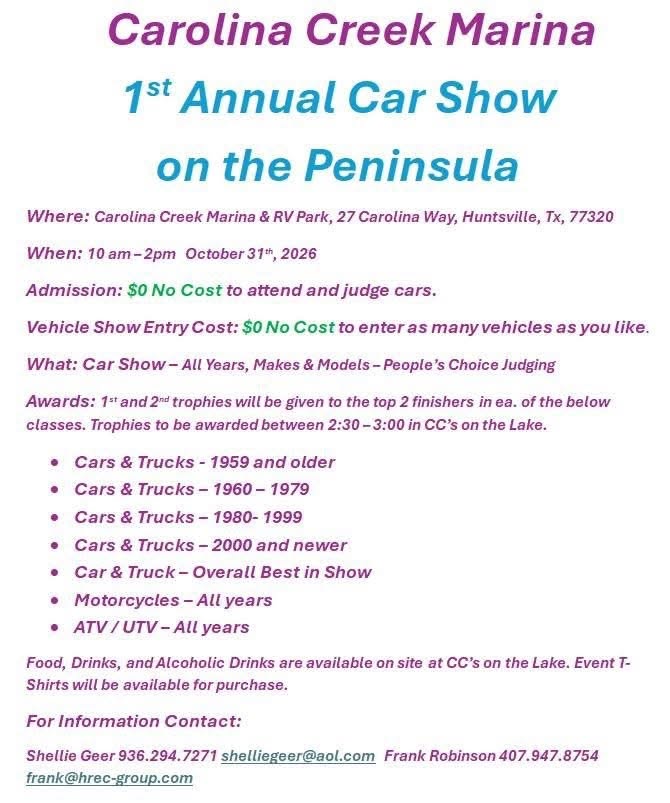 Flyer for Carolina Creek Marina Car Show on the Peninsula