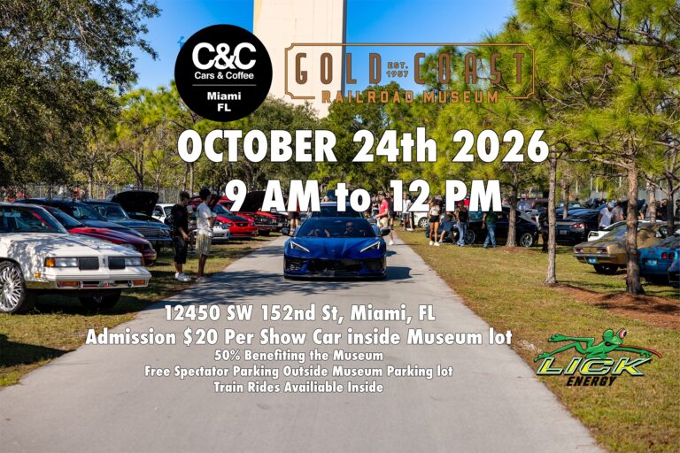 Flyer for Cars & Coffee Miami at Gold Coast Railroad Museum