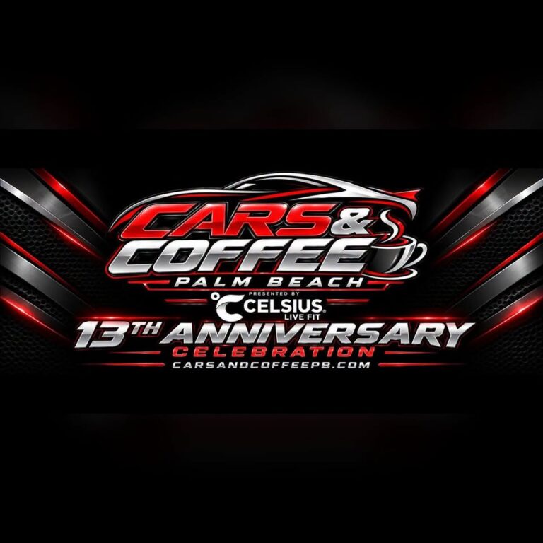 Flyer for Cars & Coffee Palm Beach Anniversary Celebration