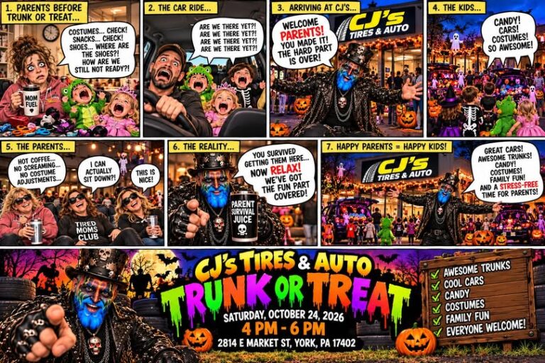 Flyer for CJ’s Tires & Auto Trunk or Treat