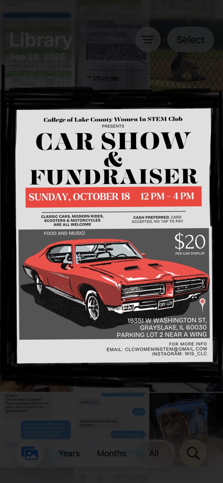 Flyer for College of Lake County Women in STEM Club Car Show & Fundraiser