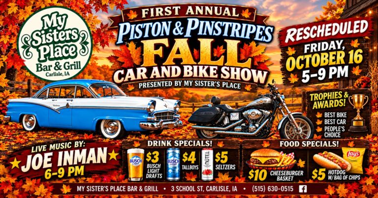 Flyer for First Annual Piston & Pinstripes Fall Car and Bike Show