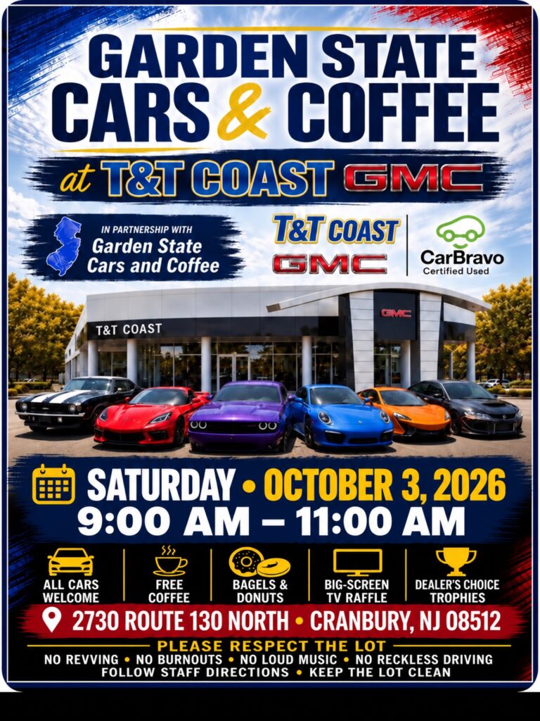 Flyer for Garden State Cars & Coffee at T&T Coast GMC