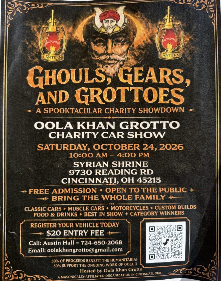 Flyer for Ghouls, Gears, and Grottoes Charity Car Show