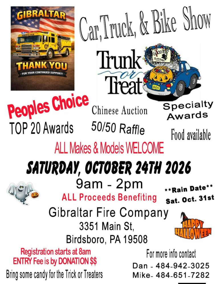 Flyer for Gibraltar Fire Company Car, Truck, & Bike Show and Trunk or Treat
