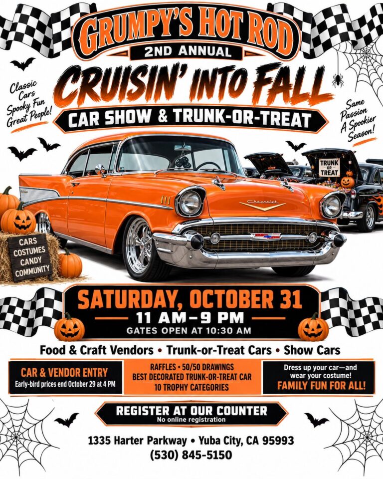 Flyer for Grumpy’s 2nd Annual Cruisin’ Into Fall Car Show & Trunk-or-Treat