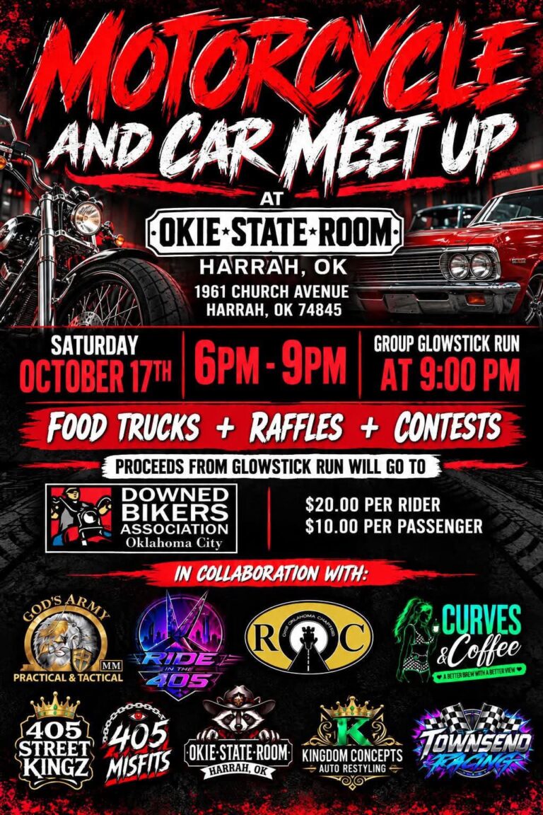 Flyer for Motorcycle and Car Meet Up @ Okie State Room