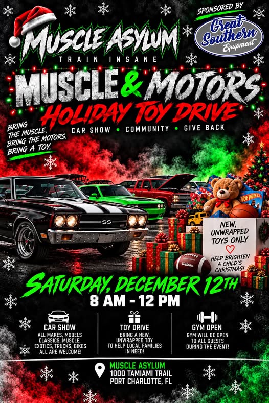 Flyer for Muscle & Motors Holiday Toy Drive