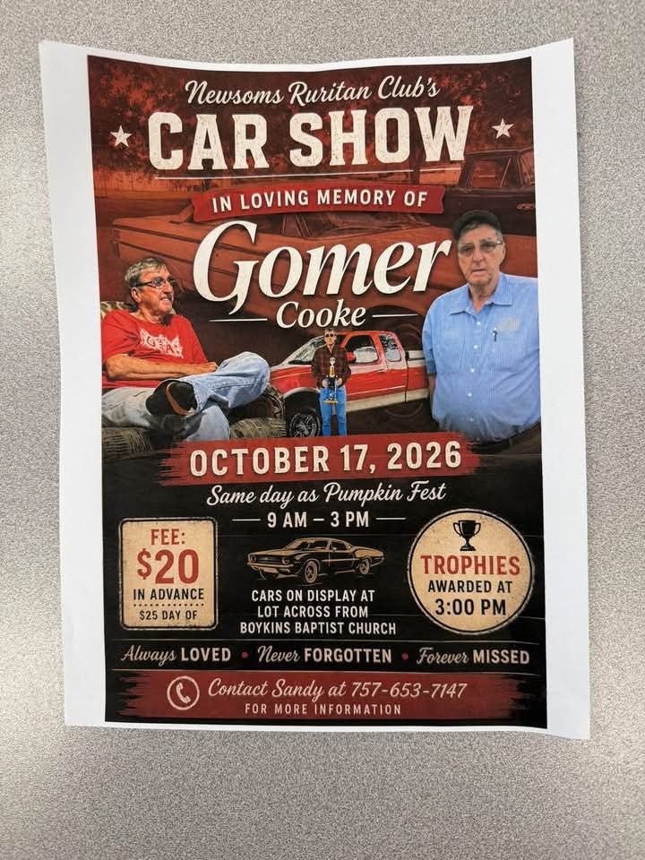 Flyer for Newsoms Ruritan Club’s Car Show
