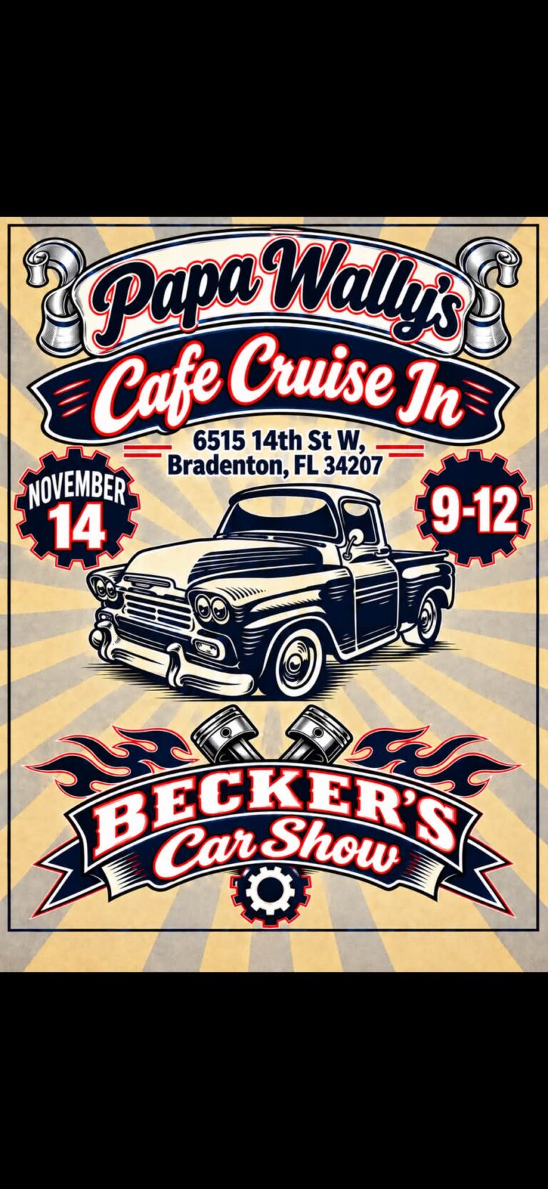 Flyer for Papa Wally’s Cafe Cruise In Becker’s Car Show