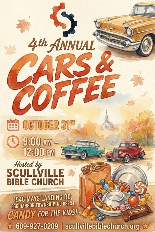 Flyer for Scullville Bible Church 4th Annual Cars & Coffee