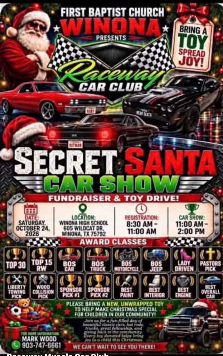 Flyer for First Baptist Church Winona and Raceway Muscle Car Club Secret Santa Car Show