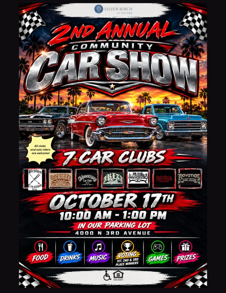 Flyer for Silver Birch of Midtown 2nd Annual Community Car Show