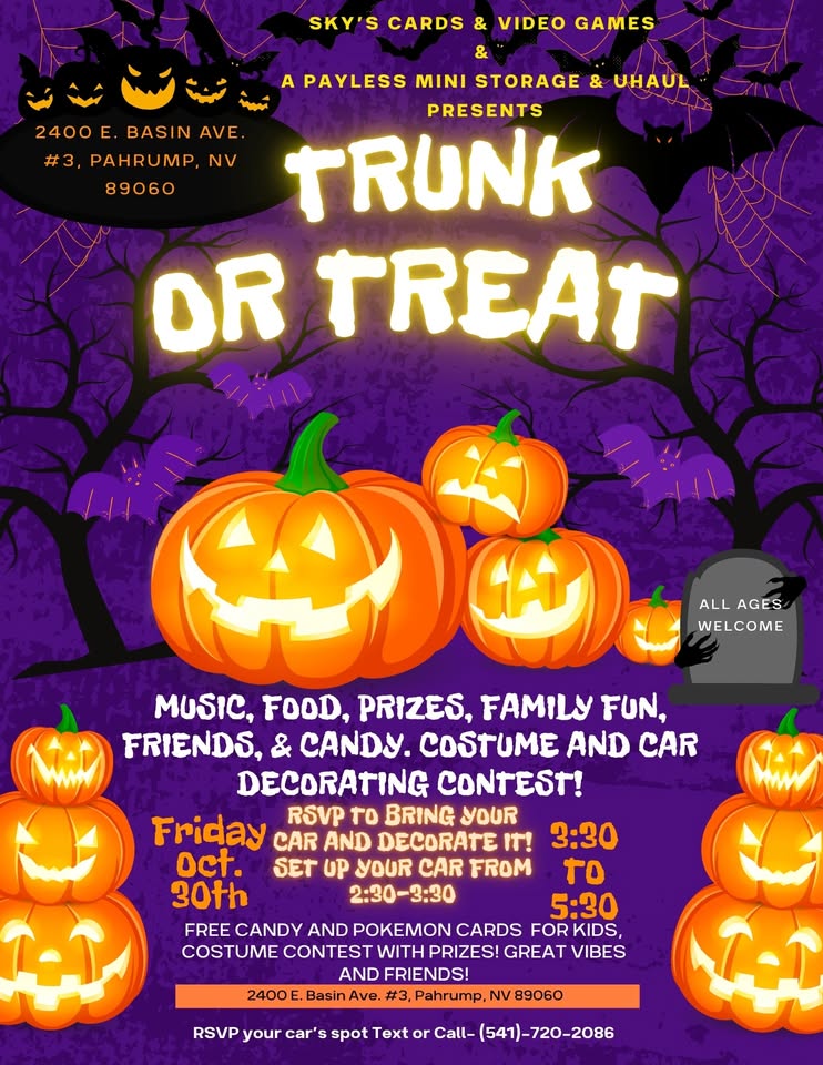 Flyer for Sky’s Cards & Video Games Trunk Or Treat