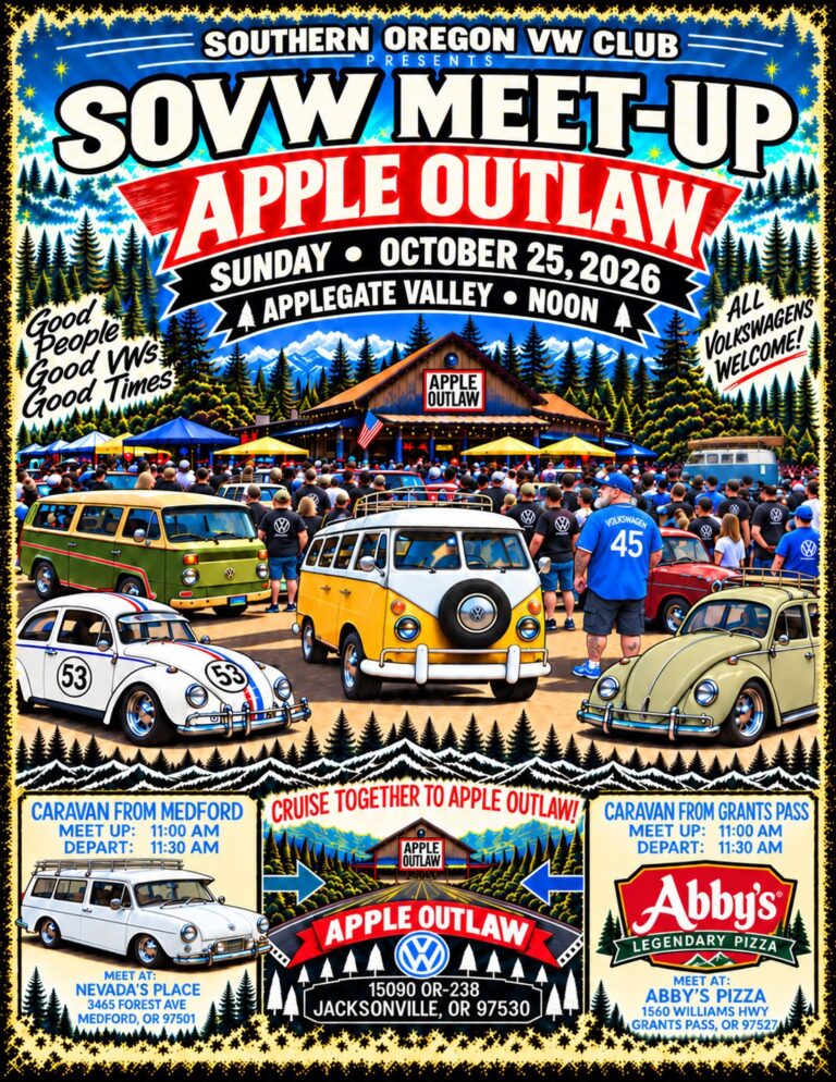 Flyer for Southern Oregon VW Club SOVW Meetup