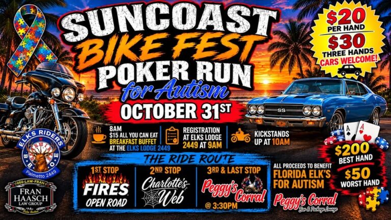 Flyer for Suncoast Bike Fest Poker Run For Autism