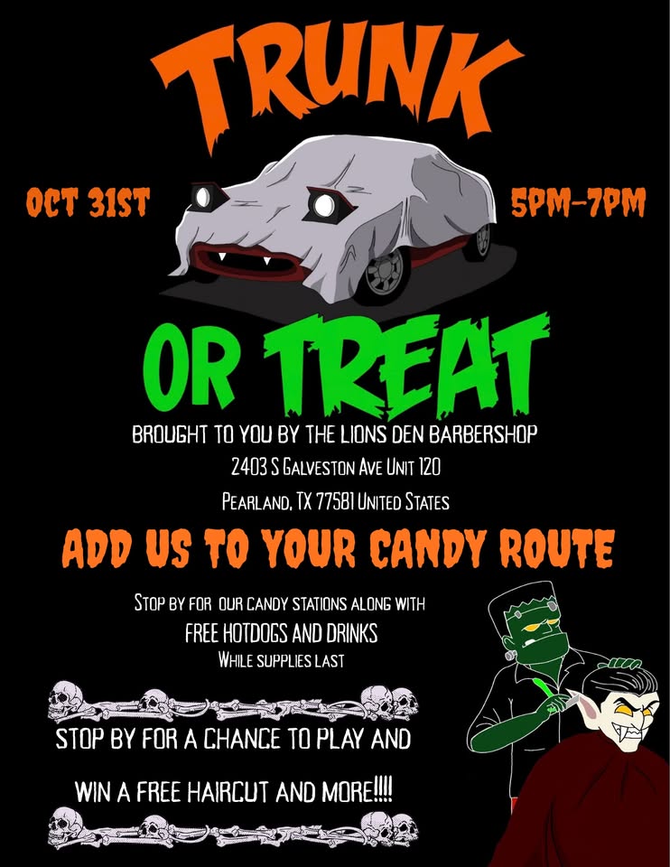 Flyer for The Lions Den Barbershop Trunk or Treat