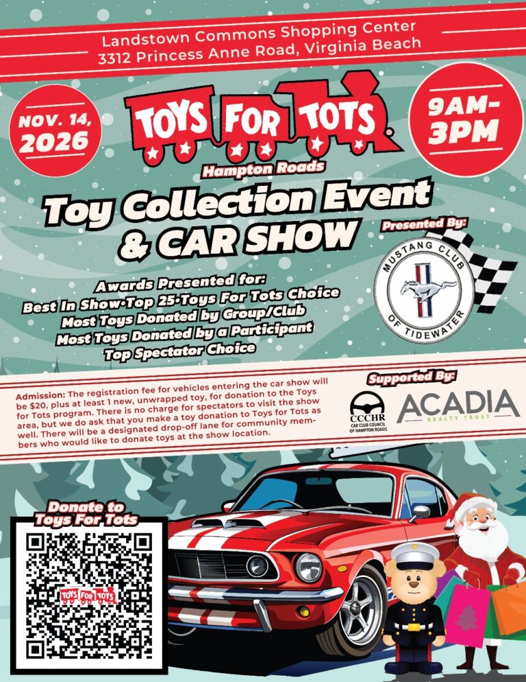 Flyer for Toys for Tots Hampton Roads Toy Collection Event & Car Show