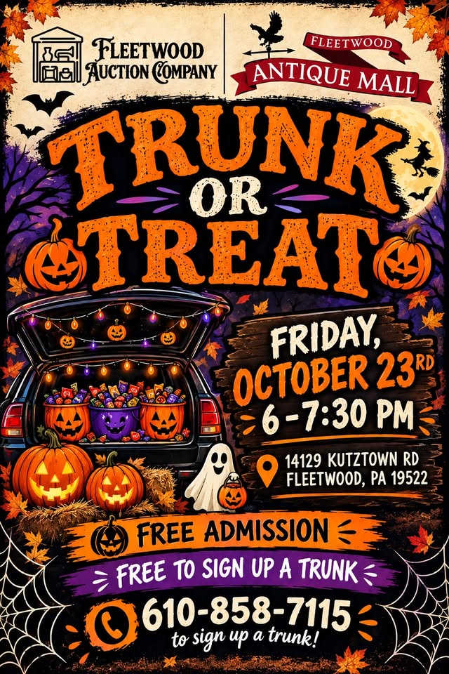Flyer for Trunk or Treat at Fleetwood Antique Mall